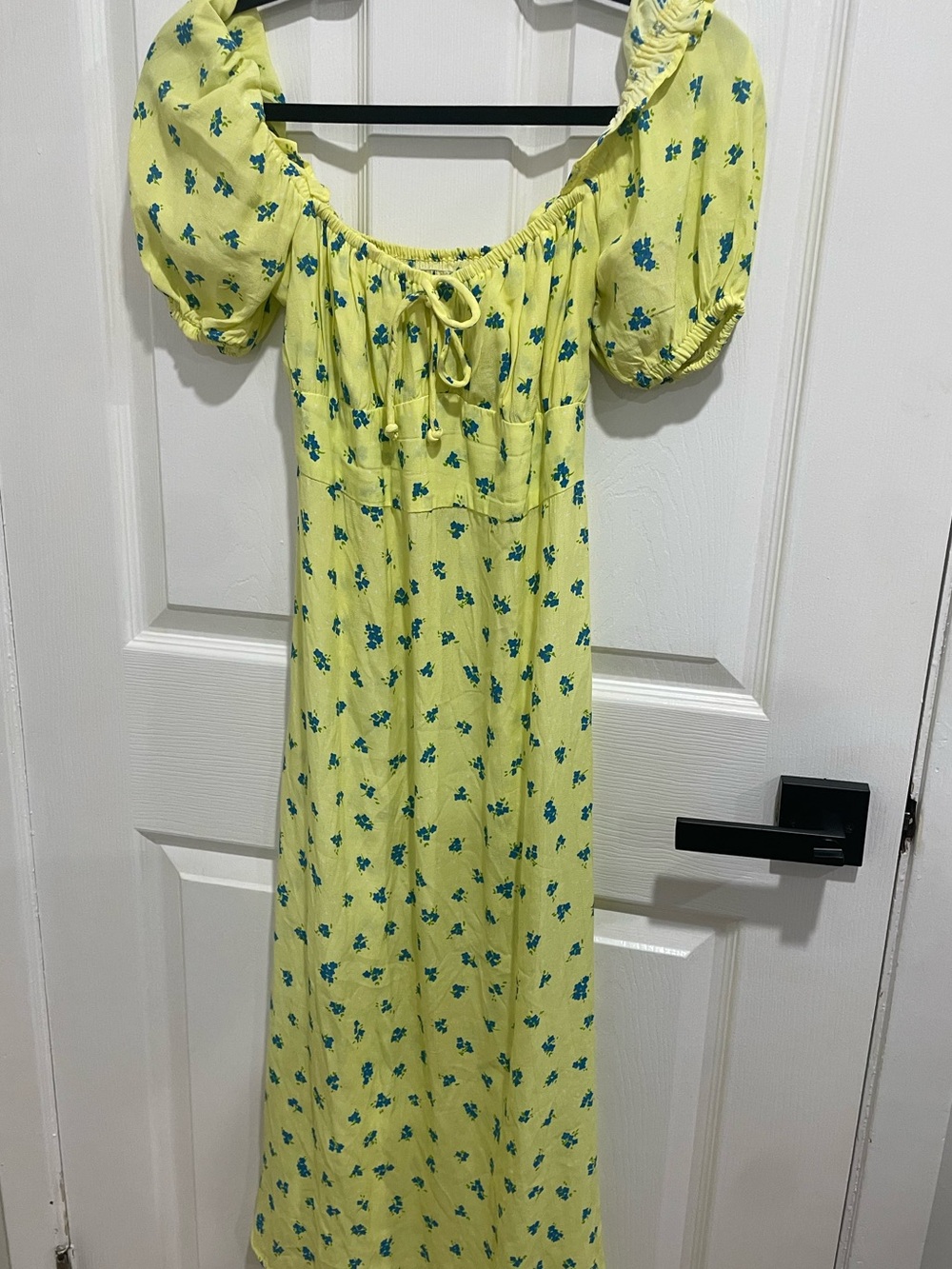 Faithfull the brand puff sleeve midi yellow and blue floral print dress size 2